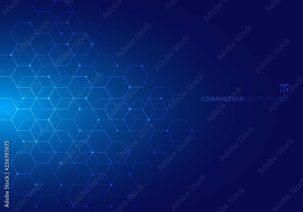 Poster abstract hexagons with nodes digital geometric with lines and dots on blue background. technology co