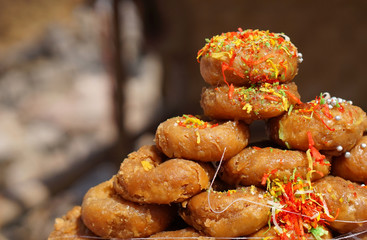 Indian street food badusha in counter  display for sale