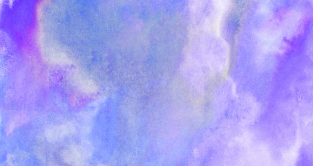 Vintage ink effect violet gradient water color artistic brush paint splash background. Grungy purple abstract soft watercolor painted illustration with paper grain texture for retro aquarelle design