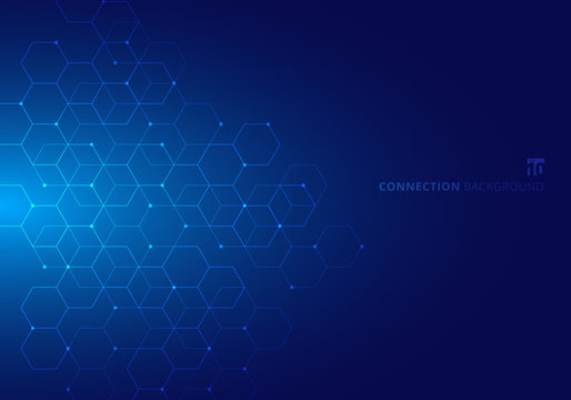 Abstract hexagons with nodes digital geometric with lines and dots on blue background. Technology connection concept