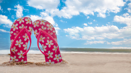 Beach summer holiday background. Flip flops on sand near ocean.