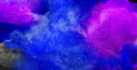 Bright cosmic creative neon pink, purple and blue watercolor on black paper background. Abstract grungy texture water color illustration. Vintage textured aquarelle canvas for modern design