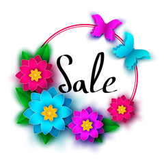 Spring  season  sale banner with  flowers.