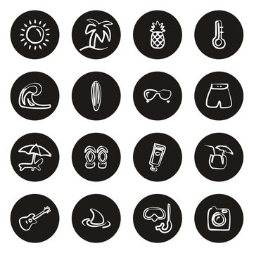 Tropical or Tropical Lifestyle Icons Freehand White On Black Circle