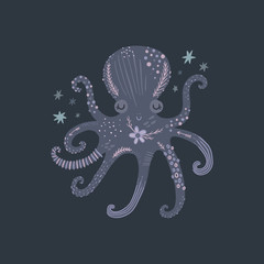 Nursery poster with cute animal, kids wall art with octopus and flower. Sea inhabitants. Children print
