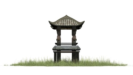 Asian pagoda tower on grass floor - isolated on white background