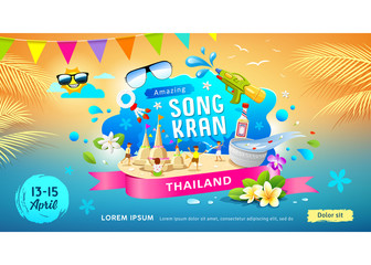 Amazing Songkran festival in thailand this summer colorful banners design background, vector illustration