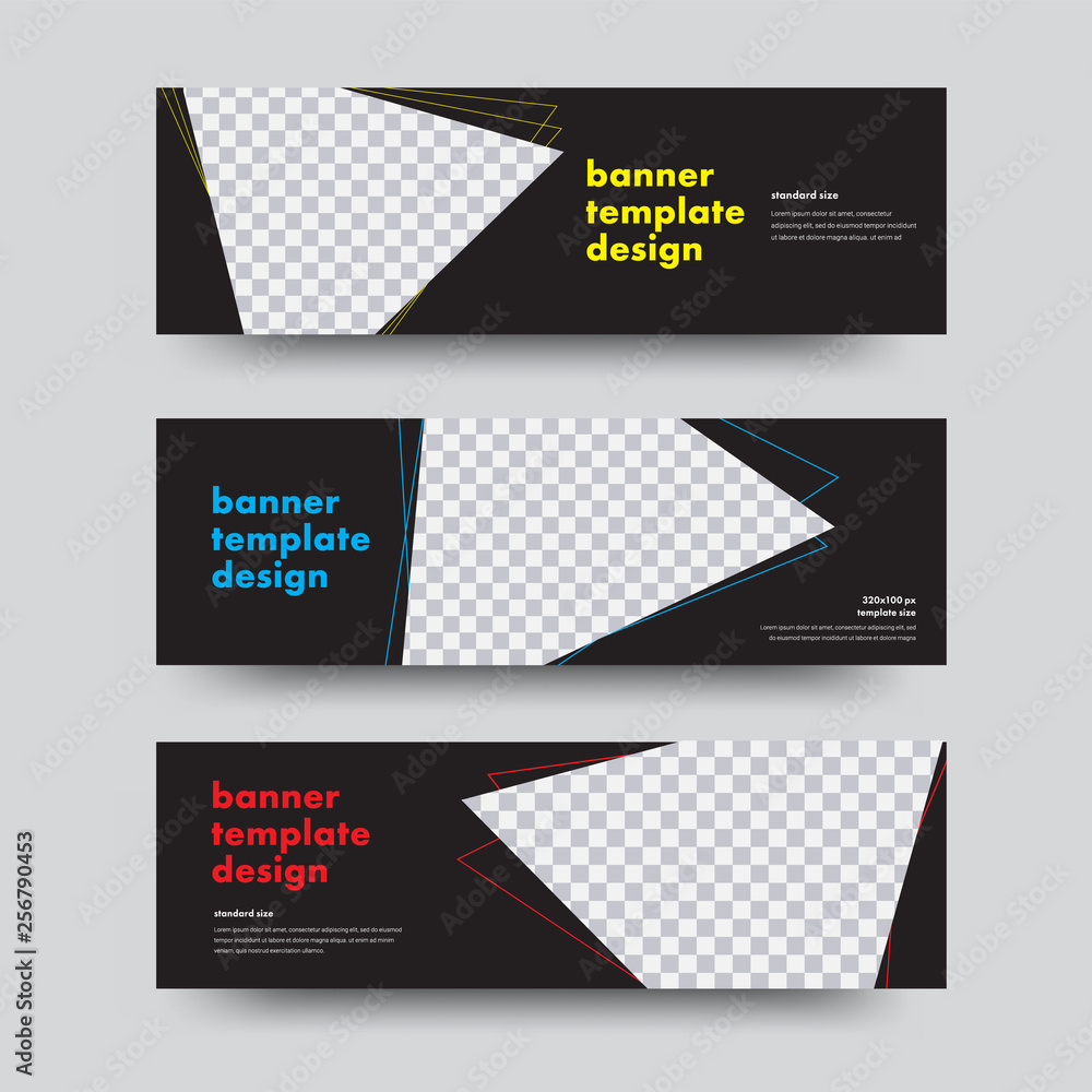 Poster design of black vector horizontal web banners with a place for a photo in the form of a triangle and