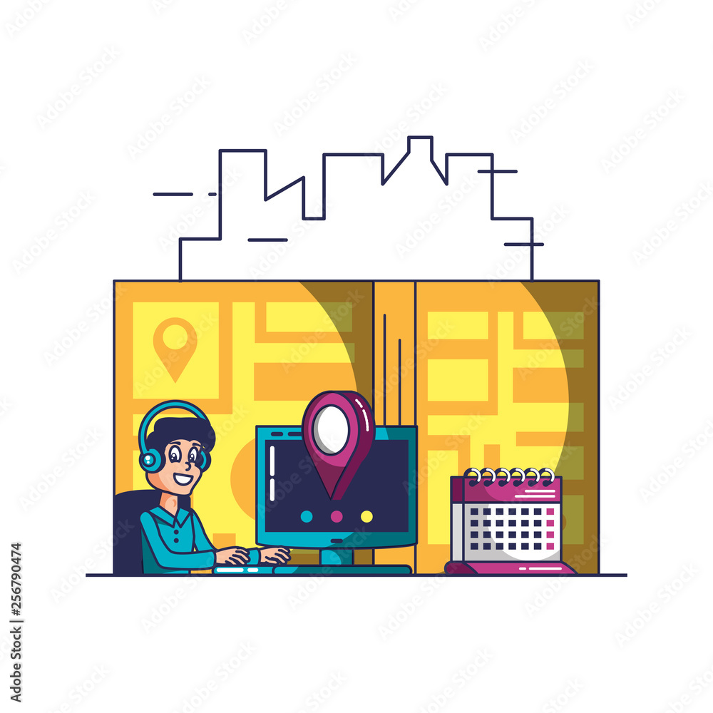 Aufkleber delivery service worker with computer and icons