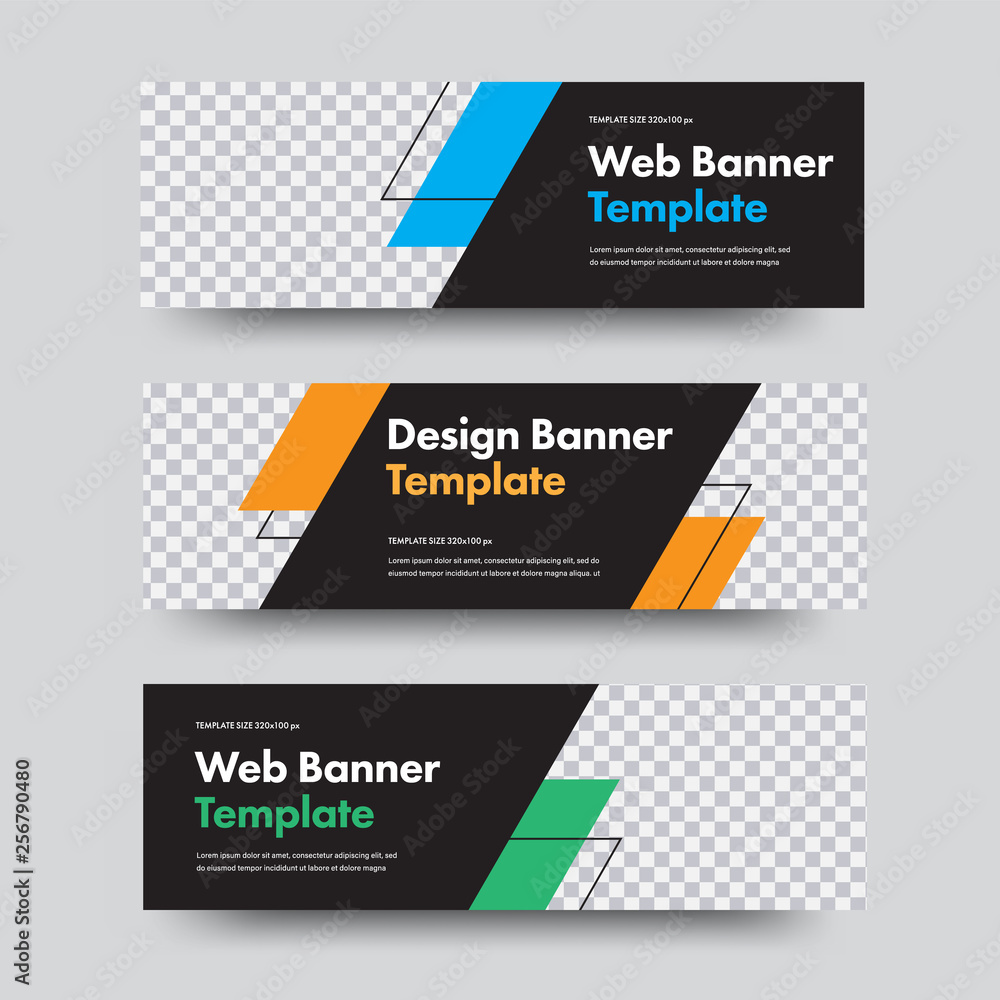 Poster vector black banner templates with place for photo and diagonal design elements.
