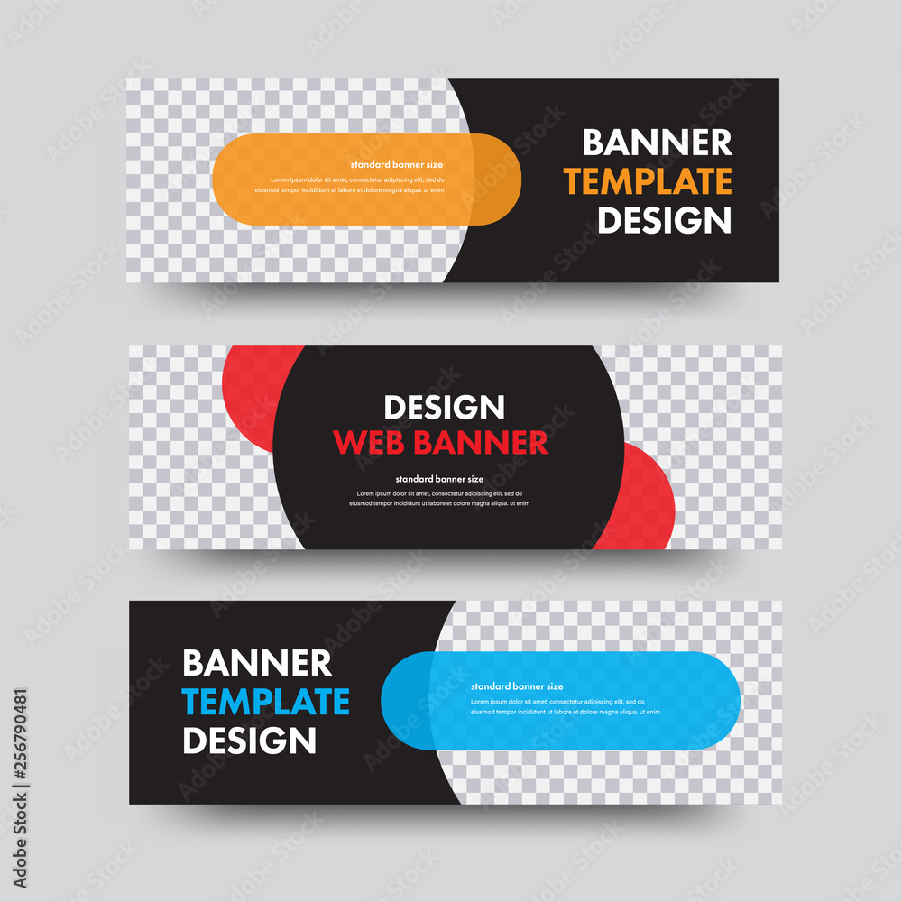 Poster set of black horizontal web banners with a place for a photo of colored rectangles with rounded corn