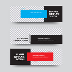 Set of black vector web banners with place for photo and color rectangles for text.