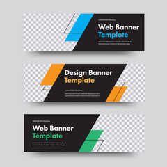 Naklejka premium Vector black banner templates with place for photo and diagonal design elements.