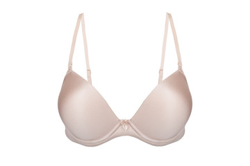Beautiful beige bra isolated on white background