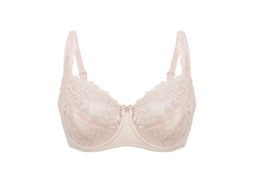 Beautiful beige bra isolated on white background