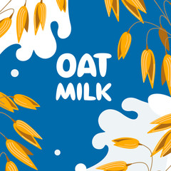 Realistic oat bunch, yellow sereals for backery, flour production design. Vector wheat ears spikelets with grains in milk splash. Whole stalks, organic vegetarian food packaging element illustration.