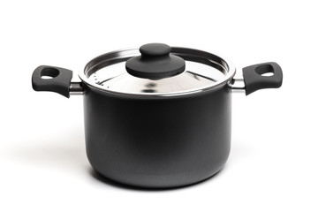 Open stainless steel cooking pot with lid over white background