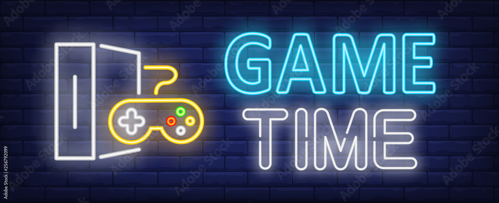 Wall mural game time neon text with game console and controller - Wall murals