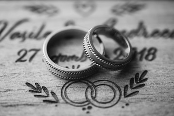 Wedding rings on wooden box , Very shallow focus