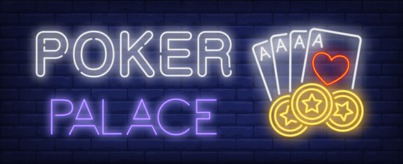 Poker Palace neon text with four aces and star casino chips