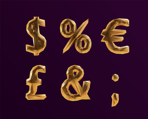 Obraz premium 3D Vector Golden Alphabet Font ampersand percent dollar euro pound currency symbols for VIP Party Design