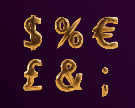 3D Vector Golden Alphabet Font ampersand percent dollar euro pound currency symbols for VIP Party Design