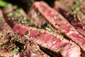 Grilled flat iron steak shot in flat lay style