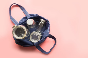 Set of jars and textile bag for zero waste shopping.