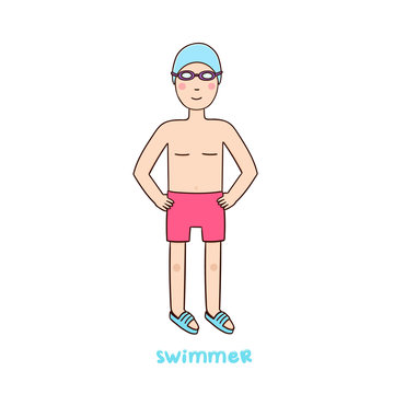 Guy swimmer in a bathing suit, swimming cap, goggles on a white background