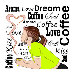 Girl and cup of coffee text background