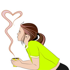 Girl holds a cup of coffee in her hands and dreams of a kiss