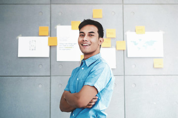 Portrait of Happy Young Asian Businessman Crossed Arms and Smiling in Office Meeting Room. Document's Data Plans and Project as background