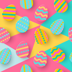 Fototapeta na wymiar Seamless pattern of Easter Egg Paper cut style. Cute layered Eggs Hunt greeting card. Geometric holiday colorful backdrop, papercut. Festive posters, wrap, sale, article, add, web