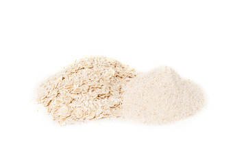 Pearl barley flakes and flour isolated on white background.