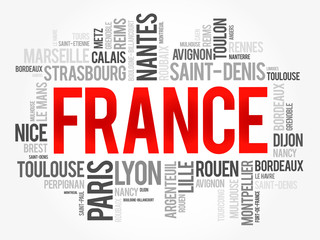 List of cities and towns in France, word cloud collage, travel concept background