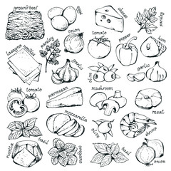 Pizza and lasagna ingredients set, big vector collection of italian food ingredients isolated on white background