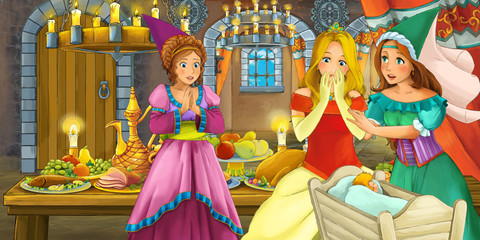 Obraz na płótnie Canvas Cartoon fairy tale scene with princess sorceress by the table full of food - illustration for children