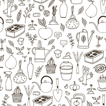 Vector seamless pattern with hand drawn symbols of gardening, garden tools and plants isolated on white background