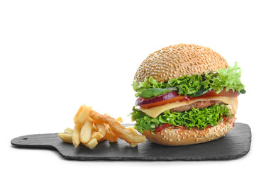 Tasty burger with french fries on white background