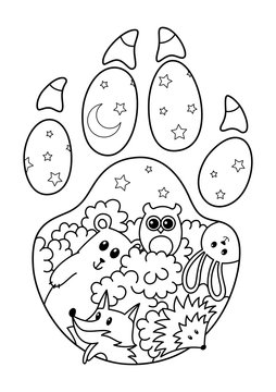 Doodle coloring book page cute forest animals in the footprint
