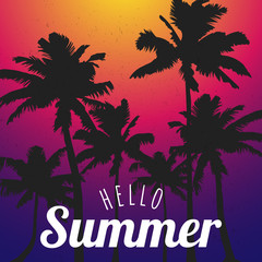 Obraz premium Template Hello Summer with black palm trees on color background. Flat designer element for banner, flyer, clothes, postcard. composition with tropical suset. Vector illustration EPS10