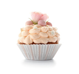 Tasty Easter cupcake on white background