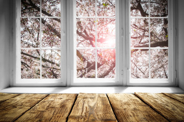 Desk of free space and spring window background 