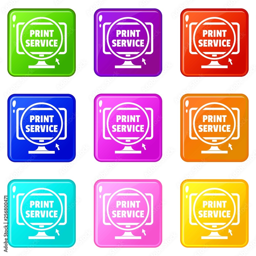 Poster print service icons set 9 color collection isolated on white for any design