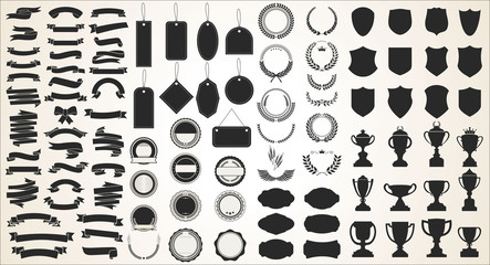 A collection of various black ribbons tags laurels shields and trophies