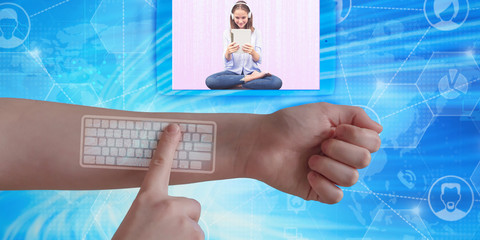 Hand with digital implants and microchips under the skin, digital communication technologies, futuristic technology with biometric implants