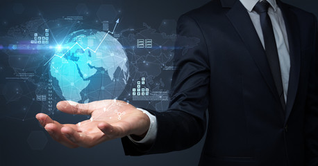Businessman handing transparent global information flow concept on his hand