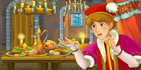 Cartoon fairy tale scene with prince by the table full of food - illustration for children