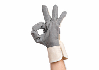 Worker showing gesture - ok sign. Male hand wearing working glove, isolated on white background.