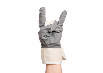 Worker showing gesture - rock and roll sign. Male hand wearing working glove, isolated on white...